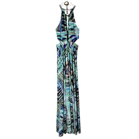 Marciano Kaleidoscope Gown Maxi Dress Chainlink Halter Cut Outs Sz 2 Blue Green - Picture 7 of 10